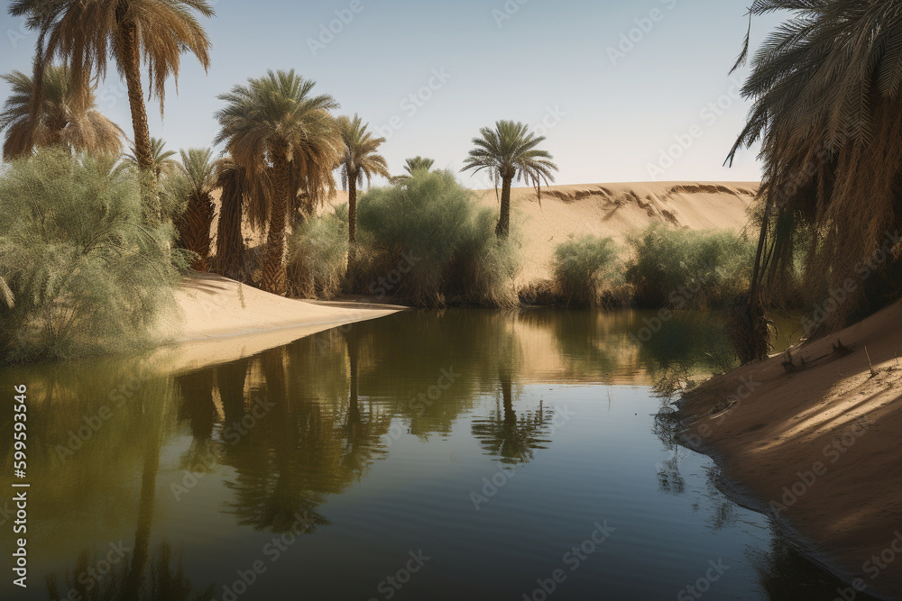 Illustration of a desert oasis with palm trees. Generative AI.