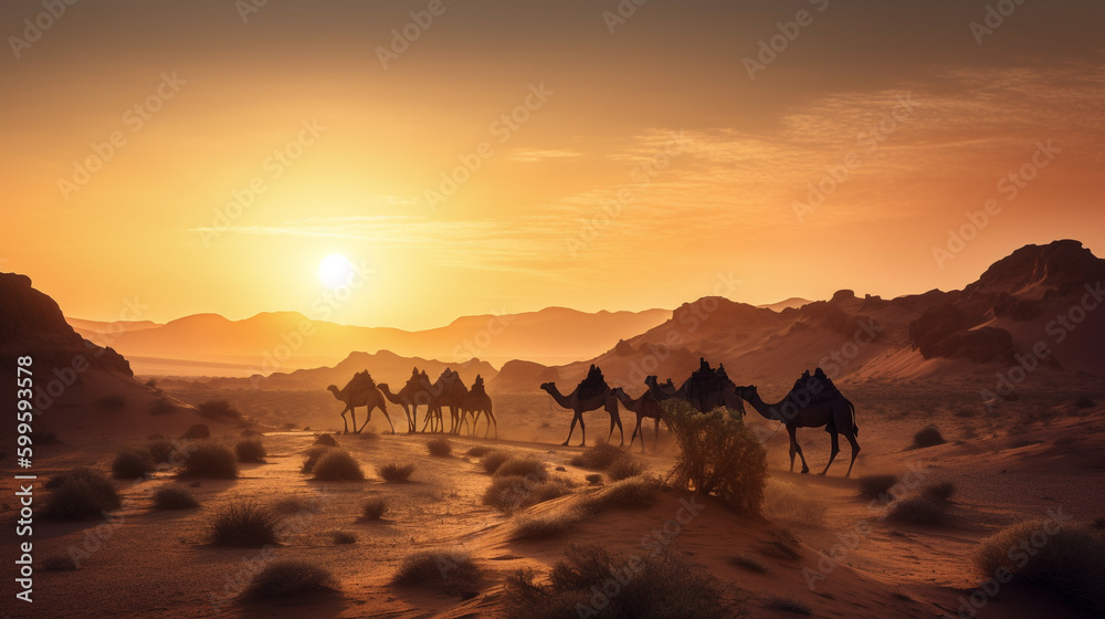 Camels in a desert environment with beautiful light conditions Generative AI. Camels in a desert environment with beautiful light conditions Generative AI.