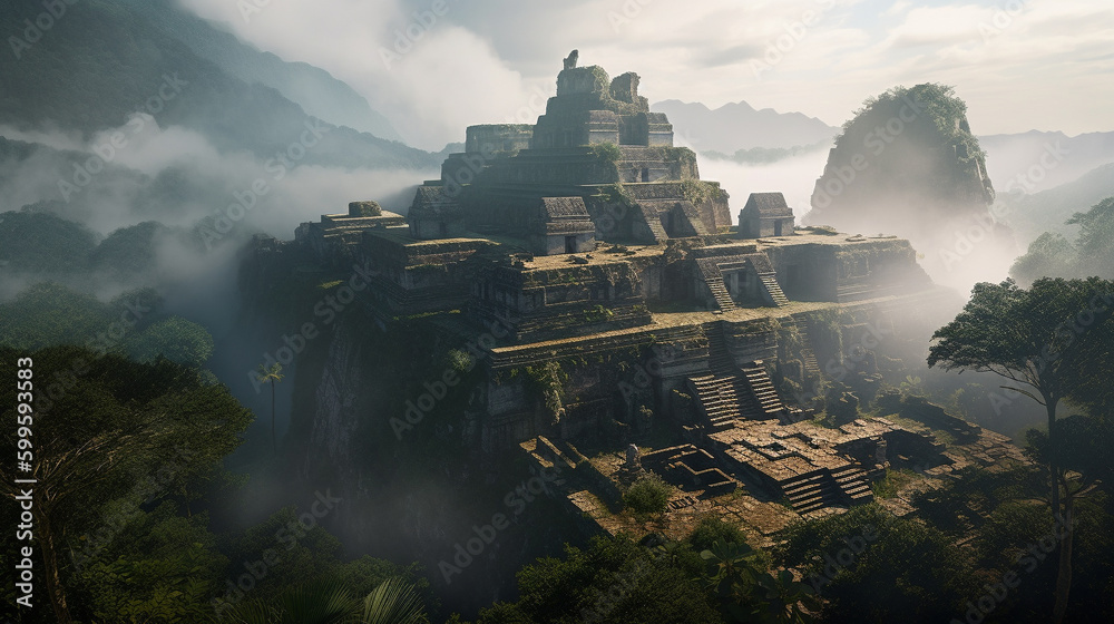 Illustration of the  ruins of a Mayan city in the mountains. Generative AI.