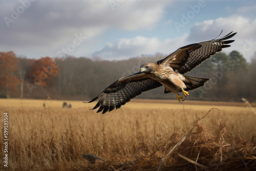 A hawk hunting in a rural area. Generative AI.