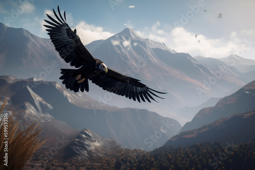 Illustration of an Andean Condor coasting in the mountains of South America. Generative AI.