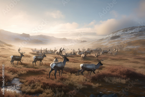 Illustration of caribou on the tundra of a sub arctic region. Generative AI.  © Jeff Whyte