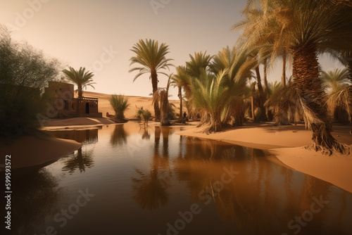 Illustration of a desert oasis with palm trees. Generative AI. © Jeff Whyte