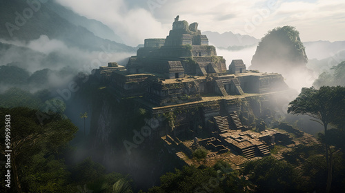 Illustration of the ruins of a Mayan city in the mountains. Generative AI.
