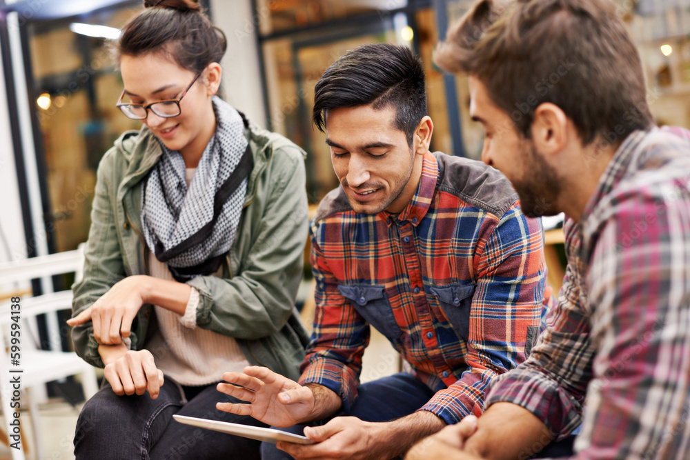 Tablet, people in a meeting at cafe or coffee shop with tablet and talking about startup ideas. Teamwork or collaboration, technology and students or friends together in discussion about project Tablet, people in a meeting at cafe or coffee shop with tablet and talking about startup ideas. Teamwork or collaboration, technology and students or friends together in discussion about project