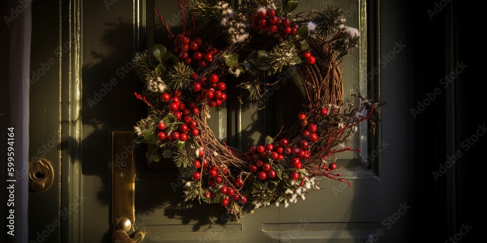 Jingle bells hung from the wreath on the front door, generative AI