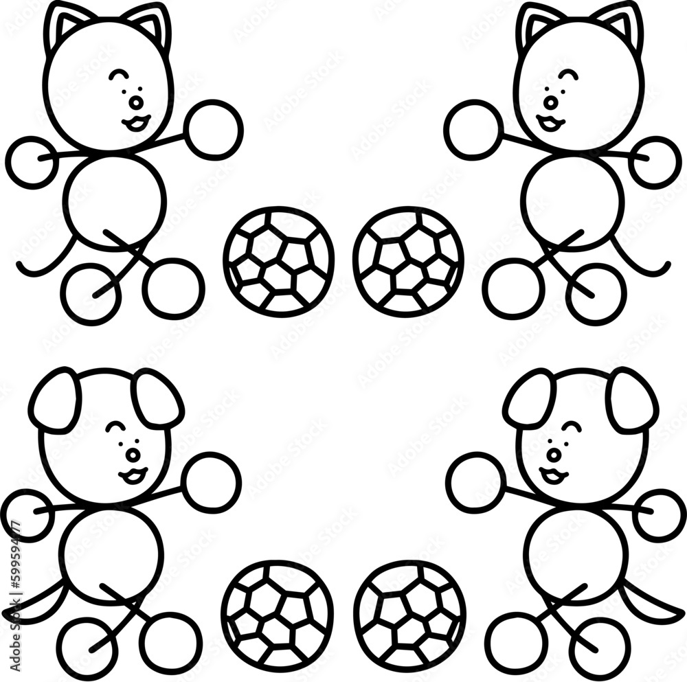 Obraz premium サッカーをするわんまるとにゃんまるの線画セット 犬 猫