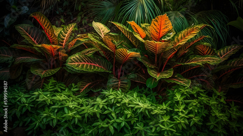                                                                                    No.008   Lush and Varied  A Beautiful Combination of Tropical Foliage Plants Generative AI