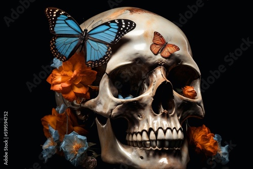 halloween art skeleton design butterfly flower illustration bone skull death. Generative AI.