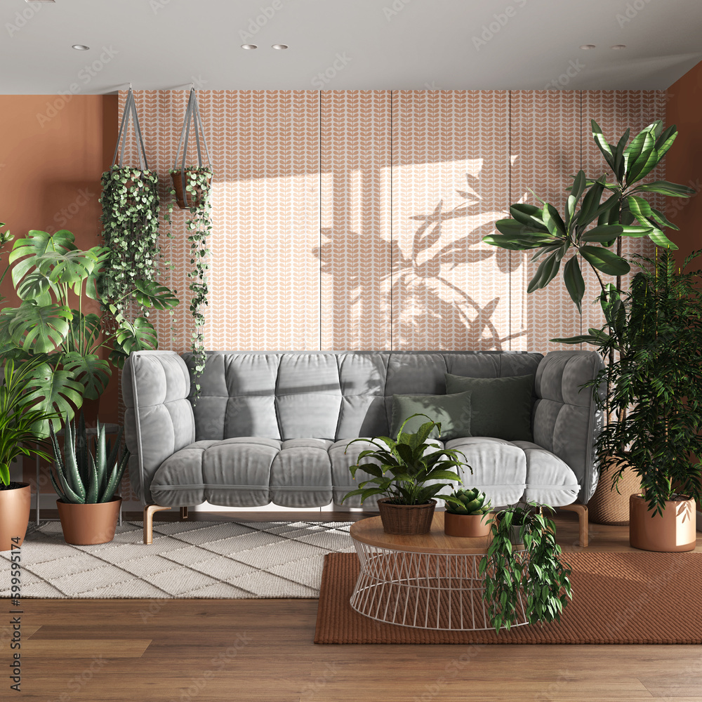 Urban jungle, living room with velvet sofa in white and orange tones. Carpets with table, parquet floor and houseplants. Home garden interior design. Love for plants concept