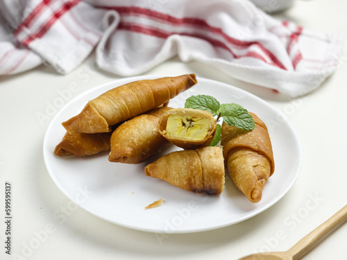 Molen banana is a traditional Indonesian snack, made from processed bananas wrapped in pastry and then deep-fried
