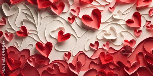 paper hearts valentines day, 3D romantic card, generative AI