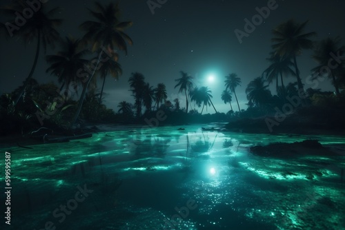 palm ocean sky luminous beach tropical night tree vacation blue paradise. Generative AI.