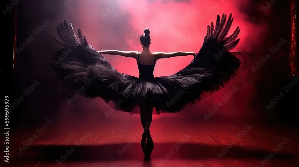 Female ballet dancer with black swan wings in black feathers tutu dress red smoke dark background, black swan ballet dancing, prima ballerina assoluta dancing on stage of theater, generative AI - obrazy, fototapety, plakaty 
