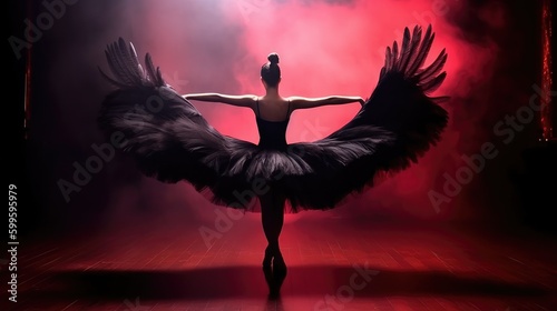 Photographie Female ballet dancer with black swan wings in black feathers tutu dress red smok