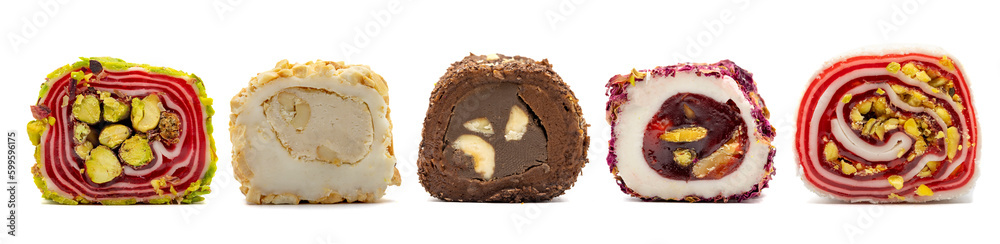Turkish Delight set. Set of sweets turkish delight varieties isolated on white background Turkish Delight set. Set of sweets turkish delight varieties isolated on white background