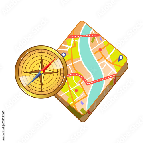 Vector illustration of road map and compass in cartoon style isolated on white background