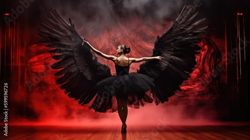 Female ballet dancer with black swan wings in black feathers tutu dress red smoke dark background, black swan ballet dancing, prima ballerina assoluta dancing on stage of theater, generative AI