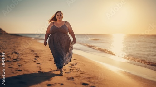 Happy woman with obesity walks along seacoast at sandy beach, beautiful sunlight with fresh air on seashore, very fat body positive female in beach dress not shy and walking outdoor, generative AI
