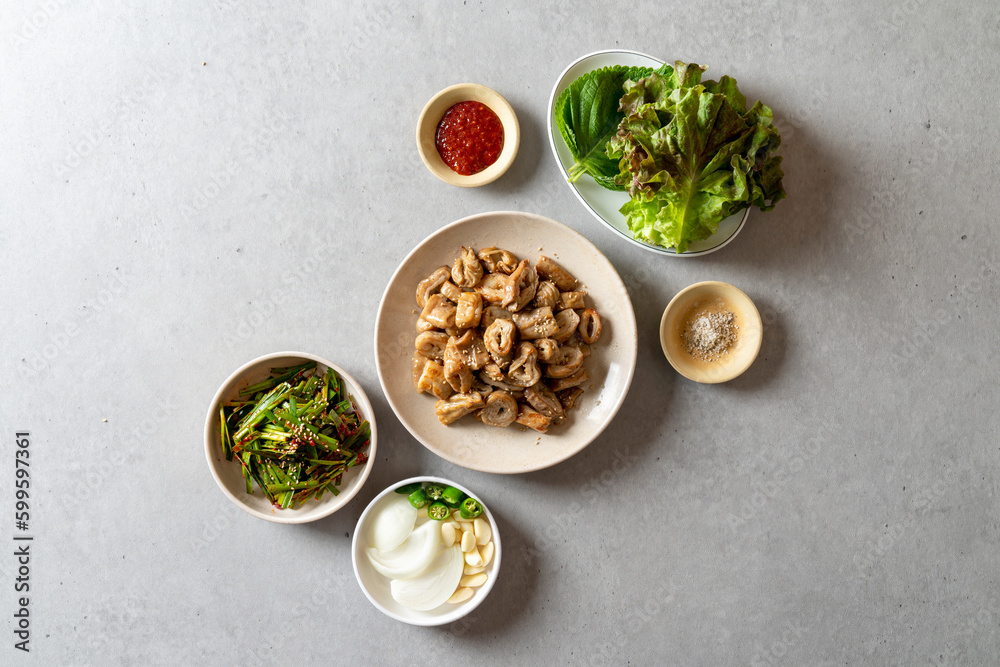 Korean food dish meal Grilled beef entrails with salt Grilled beef entrails Korean food dish meal Grilled beef entrails with salt Grilled beef entrails