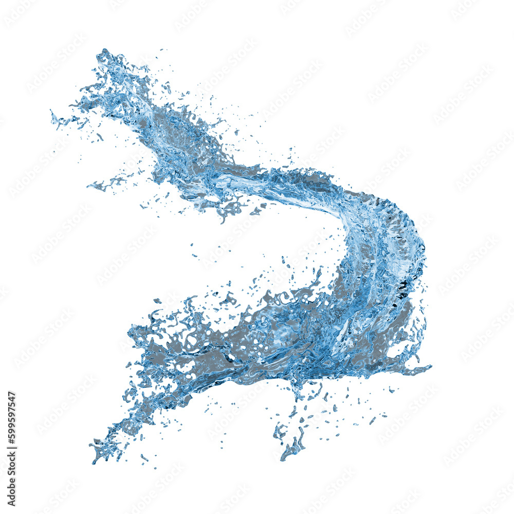 Obraz premium Blue water splash ripples and spiral isolated on transparent. Dynamic motion of fluid. Realistic pure liquid elements for drink, beverage, cleaning products advertising. 3d rendering illustration.