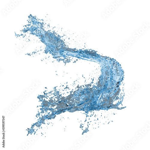 Blue water splash ripples and spiral isolated on transparent. Dynamic motion of fluid. Realistic pure liquid elements for drink, beverage, cleaning products advertising. 3d rendering illustration.