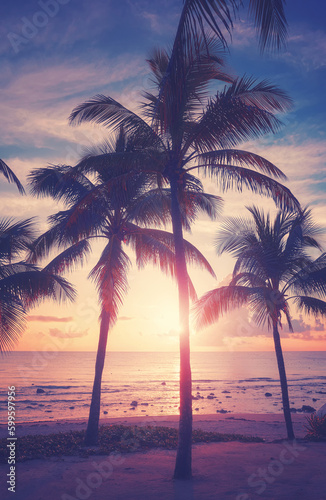 Tropical beach with coconut palm trees at sunset  color toned picture.