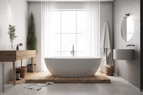 house contemporary luxury wood home white architecture interior modern bathtub bathroom. Generative AI.