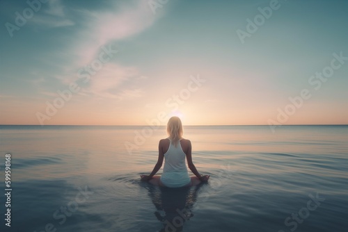 woman sea summer lotus fitness pose yoga pier ocean lifestyle young wooden. Generative AI.