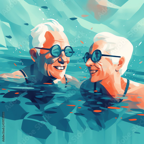Active Retirement: a senior couple engaging in physical activity, such as hiking or swimming, highlighting the importance of staying active and healthy during retirement. Generative AI.