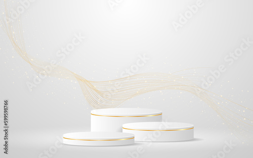 Multi-layered white podium with elegant gold wave lines on the back for product presentation. Display of cosmetic products. Stage or podium. vector illustration
