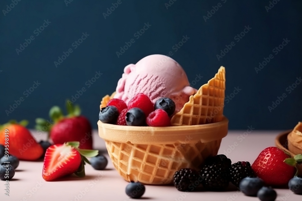Ice cream sundae with waffle cone, blueberries, and strawberries in a bowl. Delicious and refreshing treat!