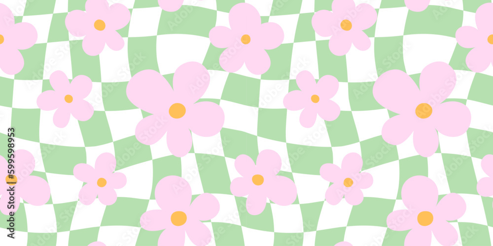 Trendy floral seamless pattern illustration. Vintage 70s style hippie flower background design. Geometric pastel color checkered artwork, y2k nature backdrop with daisy flowers.