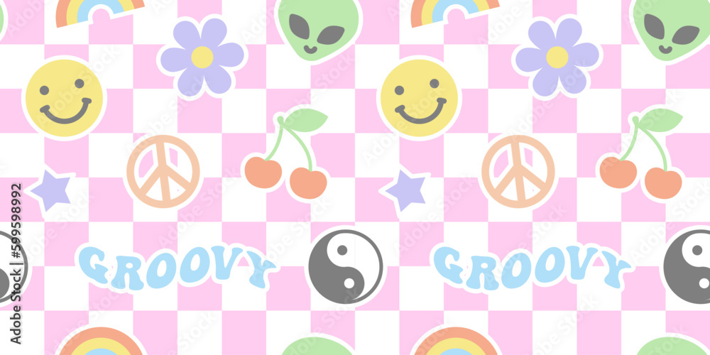 Colorful retro y2k icon seamless pattern illustration with happy faces. Vintage pastel color flower cartoon symbol background in psychedelic style. 
