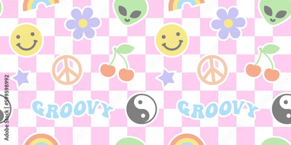 Colorful retro y2k icon seamless pattern illustration with happy faces. Vintage pastel color flower cartoon symbol background in psychedelic style. Colorful retro y2k icon seamless pattern illustration with happy faces. Vintage pastel color flower cartoon symbol background in psychedelic style.