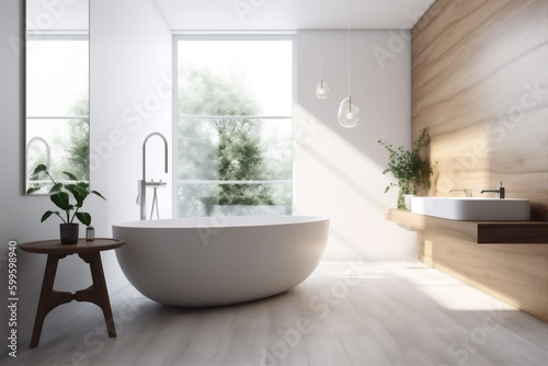 house architecture home bathtub modern room wood bathroom interior luxury white. Generative AI. © VICHIZH