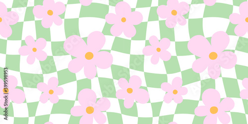 Trendy floral seamless pattern illustration. Vintage 70s style hippie flower background design. Geometric pastel color checkered artwork, y2k nature backdrop with daisy flowers.