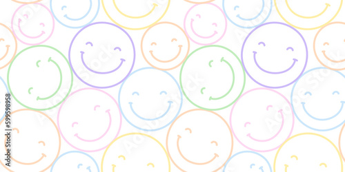 Colorful y2k smiling face cartoon doodle seamless pattern. Funny retro smile faces background illustration. Vintage character wallpaper, fun pastel color texture print.