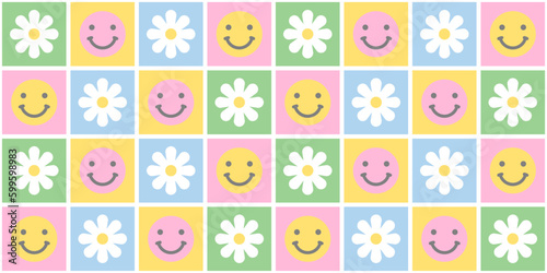 Colorful retro floral seamless pattern illustration with happy faces. Vintage pastel color flower background in psychedelic y2k style. 
