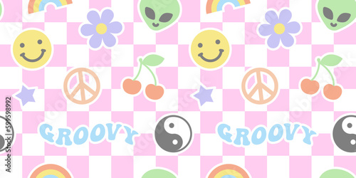 Colorful retro y2k icon seamless pattern illustration with happy faces. Vintage pastel color flower cartoon symbol background in psychedelic style. 