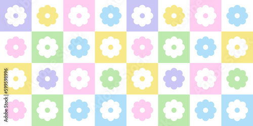 Trendy floral seamless pattern illustration. Vintage 70s style hippie flower background design. Geometric pastel color checkered artwork, y2k nature backdrop with daisy flowers.