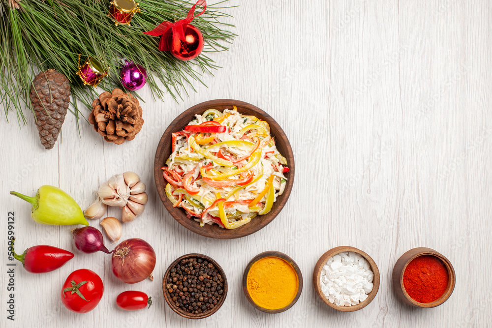 top view fresh chicken salad with seasonings on light-white desk snack meal meat fresh salad top view fresh chicken salad with seasonings on light-white desk snack meal meat fresh salad