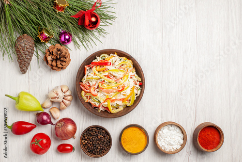 top view fresh chicken salad with seasonings on light-white desk snack meal meat fresh salad