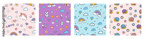 Set of seamless patterns with funny hand-drawn elements in y2k style. Cute illustration for  textile, paper, fabric, background, print design. Vector 