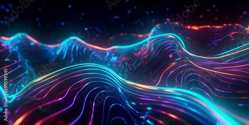 3D rendering of abstract neon background with wavy glowing lines. Digital wallpaper.