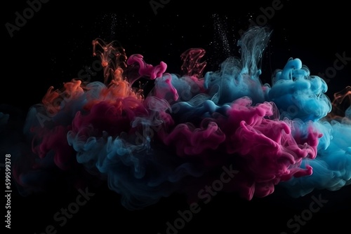  Paint water. Mist cloud. Fluid splash. Storm wave. amazing colors glowing glitter haze floating on dark black abstract art background.