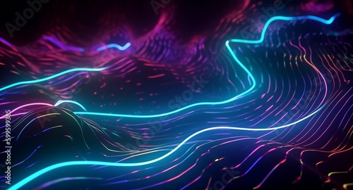 3D rendering of abstract neon background with wavy glowing lines. Digital wallpaper.