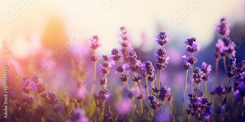 Lavender flowers in a field. Lavender field, blurred background, closeup, copy space. Floral background for greeting card for Mother's day, Birthday, Womens day, Wedding. Generative ai illustration