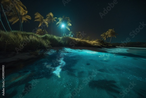 beach luminous blue tree tropical night sky ocean vacation palm paradise. Generative AI.