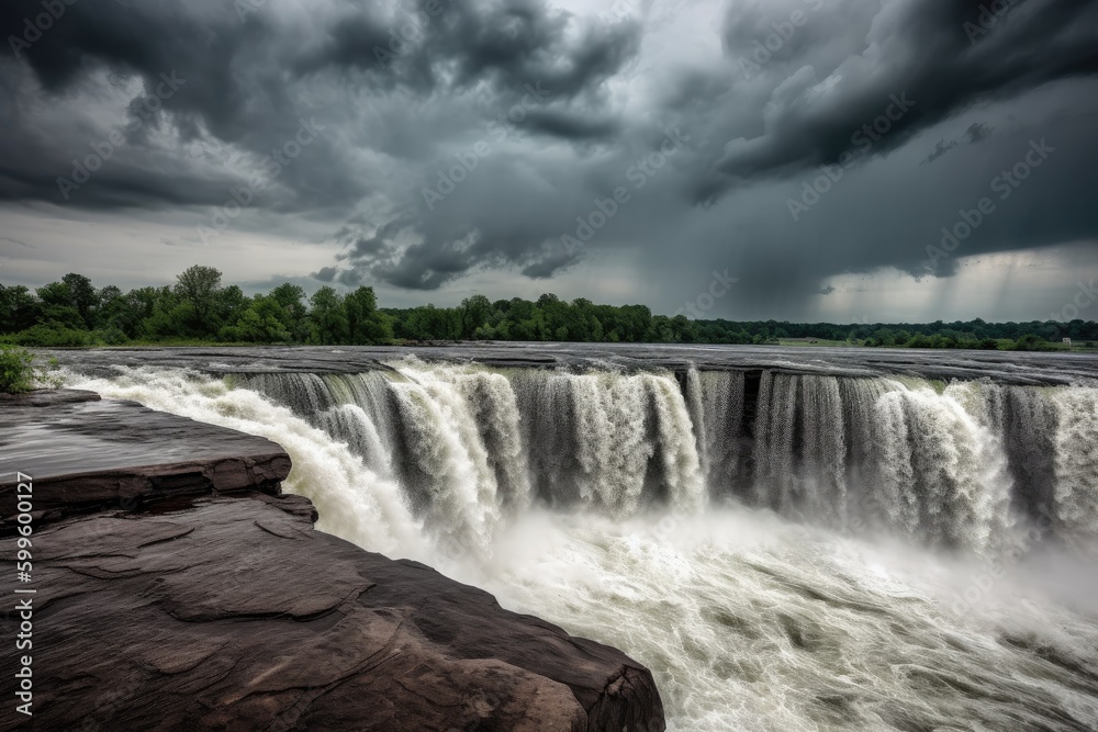 dramatic waterfall scene with stormy sky, thunderstorm in the distance, created with generative ai dramatic waterfall scene with stormy sky, thunderstorm in the distance, created with generative ai
